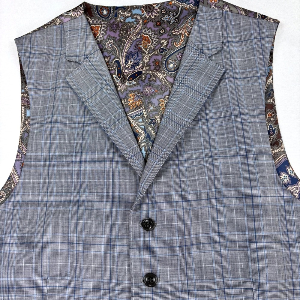 NWT Tallia Verdon Vest Tartan Plaid Paisley Lining Back Strap Gray Blue 38 Reg